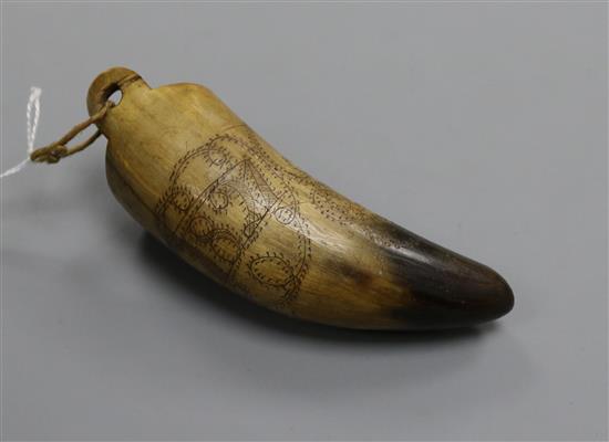 A George IV scrimshaw horn powder flask, inscribed AB1821